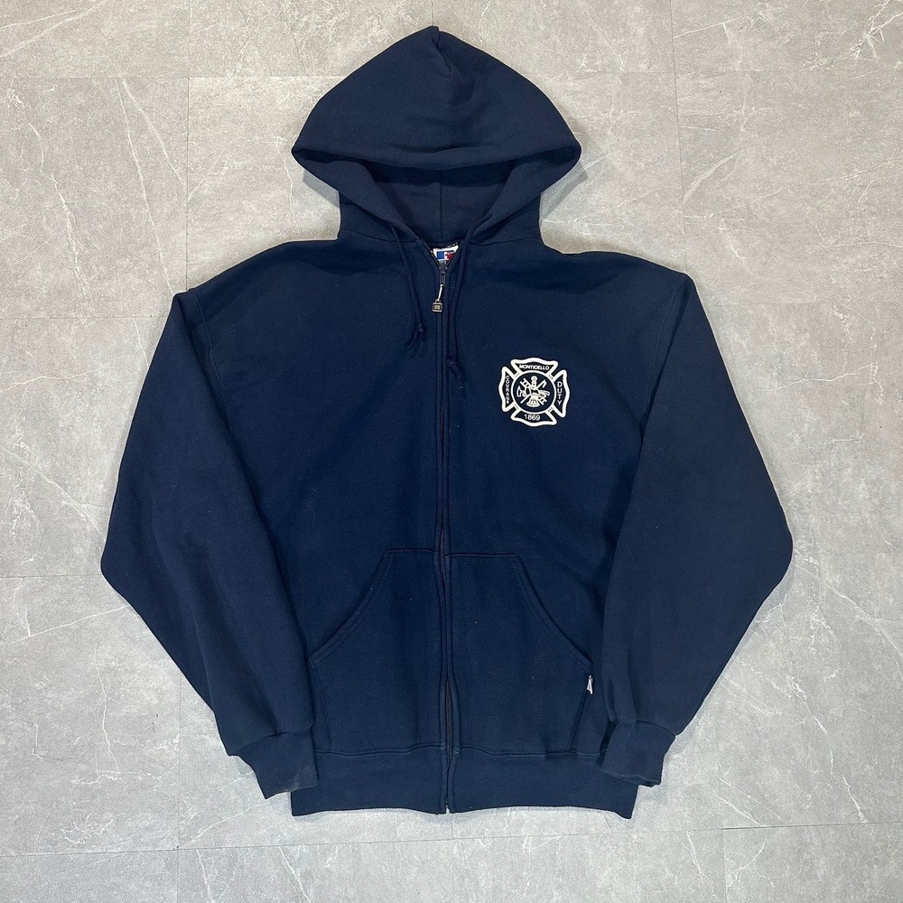 Vintage Russell Athletic Zip Hoodie Mens Large Navy Blue Fire Dept Made in USA